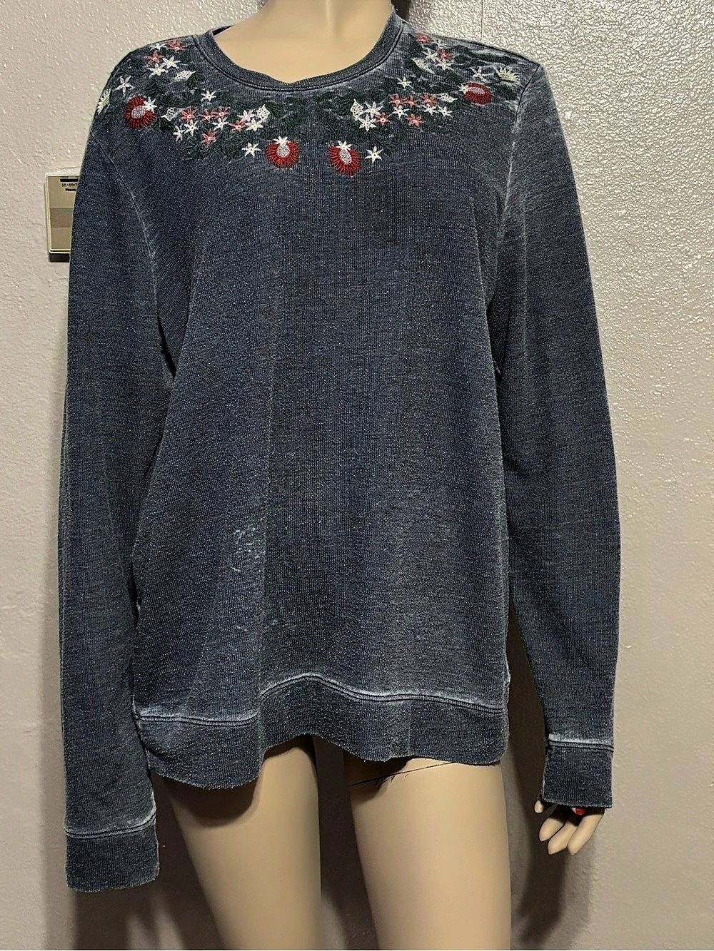 Lucky Brand Floral Embroidered Crewneck Sweatshirt Blue XL